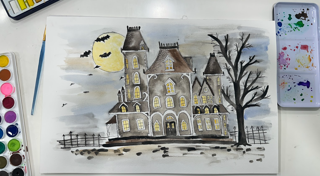 Watercolor Art,Halloween Art Spooky Painting, Haunted Mansion Art Watercolor Tutorial Carina Gardner, Design Suite, University of Arts and Design